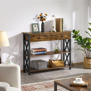 Industrial Console Table with Drawer & 2 Storage Shelves – Black Frame & Rustic Finish