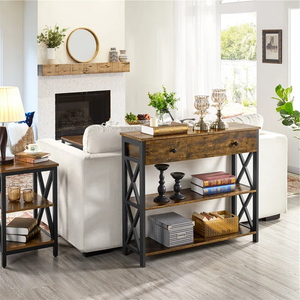 Industrial Console Table with Drawer & 2 Storage Shelves – Black Frame & Rustic Finish