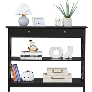 3-Tier Console Table with Drawer – Slim Entryway Table with Storage Shelves in Wood Finish