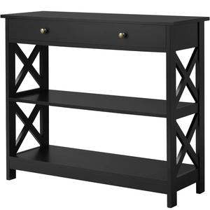 3-Tier Console Table with Drawer – Slim Entryway Table with Storage Shelves in Wood Finish
